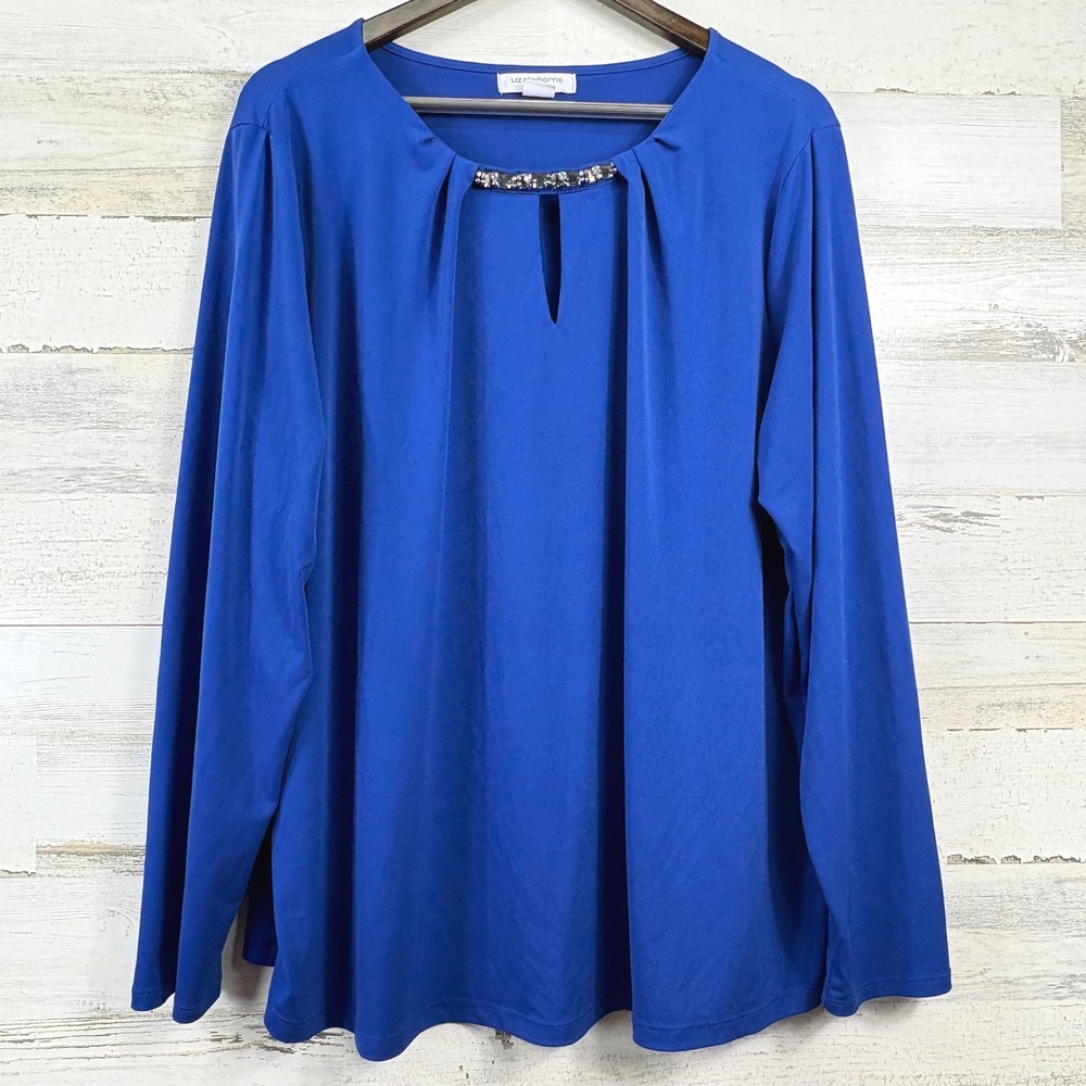 Liz Claiborne Blouse Womens 3X Royal Blue Embellished Keyhole Long Sleeve Glam